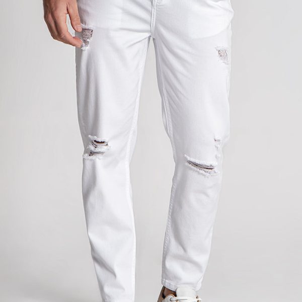 White Core Ripped Straight-Leg Jeans